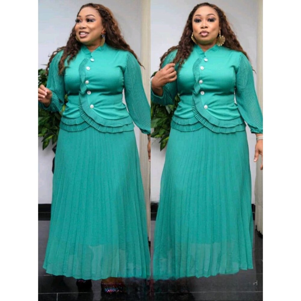 ⚫D005 - NWT Solid Long Sleeve Pleated Women's Maxi Skirt Set